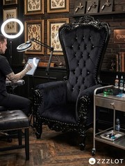 NEW 6ft Midnight Black Velvet Gothic Lord Throne Chair Diamond Carved Mahogany
