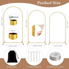 3 Pack Metal Arch Backdrop Stand 6ft 5ft 4ft Gold Wedding Balloon Frame