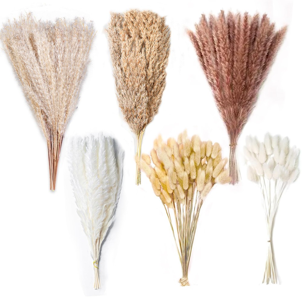 200PCS Natural Dried Pampas Grass Decor – 17″ Fluffy Pampas Grass Bouquet – B…