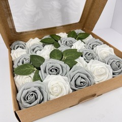 Ling’s Moment 25pc Silver Gray White Foam Roses 3″ Stems Wedding DIY New