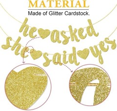 Elegant Gold Glitter ‘He Asked She Said Yes’ Banner for Weddings & Engagements