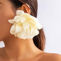 Exaggerated Satin Large Rose Camellia Flower Earrings – Fluffy Fabric Yellow