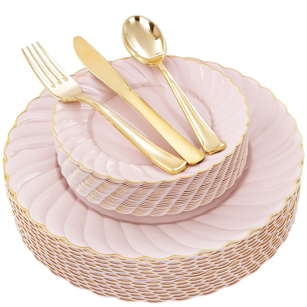 YOUBET 125Piece Pink Plastic Plates with Gold Rim – Scalloped Plastic Plat