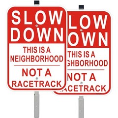 2 Pack Slow Down Sign, with 36″ Metal Stakes, 14″x10″ Reflective Aluminum sig…