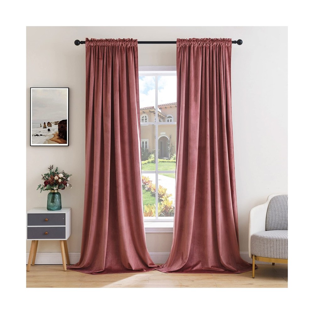 MIULEE Dusty Rose Velvet Curtains Rod Pocket 84 Inches Long 2 Panels, Mauve D…