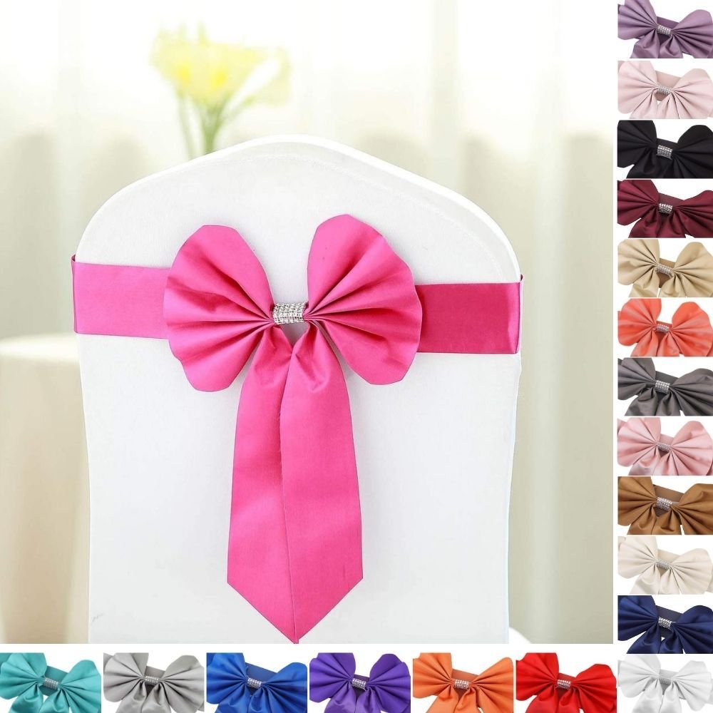50 Reversible Satin Faux Leather Bow Tie Chair Sashes with Buckles Wedding Sale