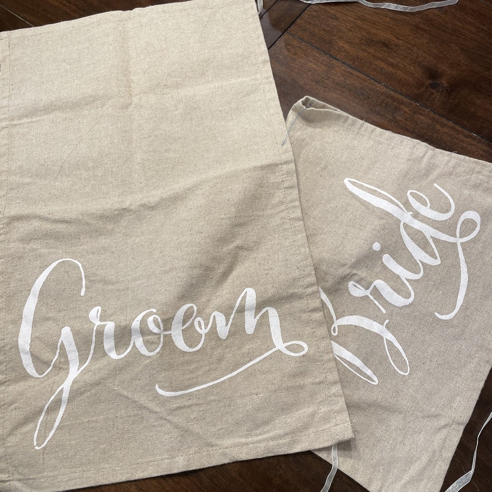 Bride & Groom Wedding Chair Decor Burlap Fabric Signs Rustic Country Beige/White