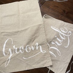 Bride & Groom Wedding Chair Decor Burlap Fabric Signs Rustic Country Beige/White