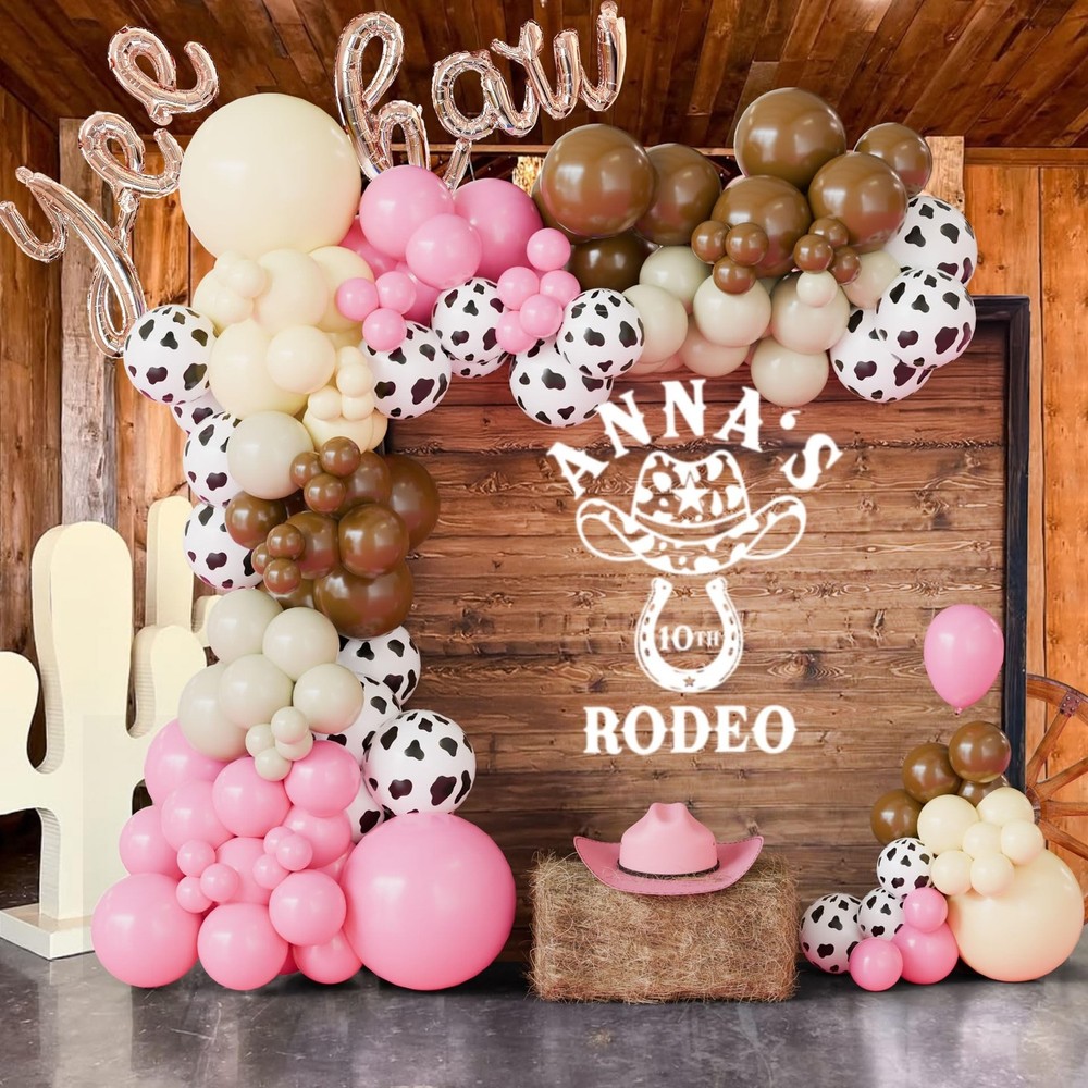 Cowgirl Balloon Arch Kit, Brown Pink Ivory White Cow Print Balloons with “Yee…