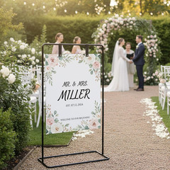 Wedding Welcome Sign Stand, Black Easel | Leather Sign Hanging Straps, Linen Sig