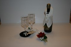 Bride & Groom Wine Champagne Bottle Tux Cover & Coaster Set Wedding Reception