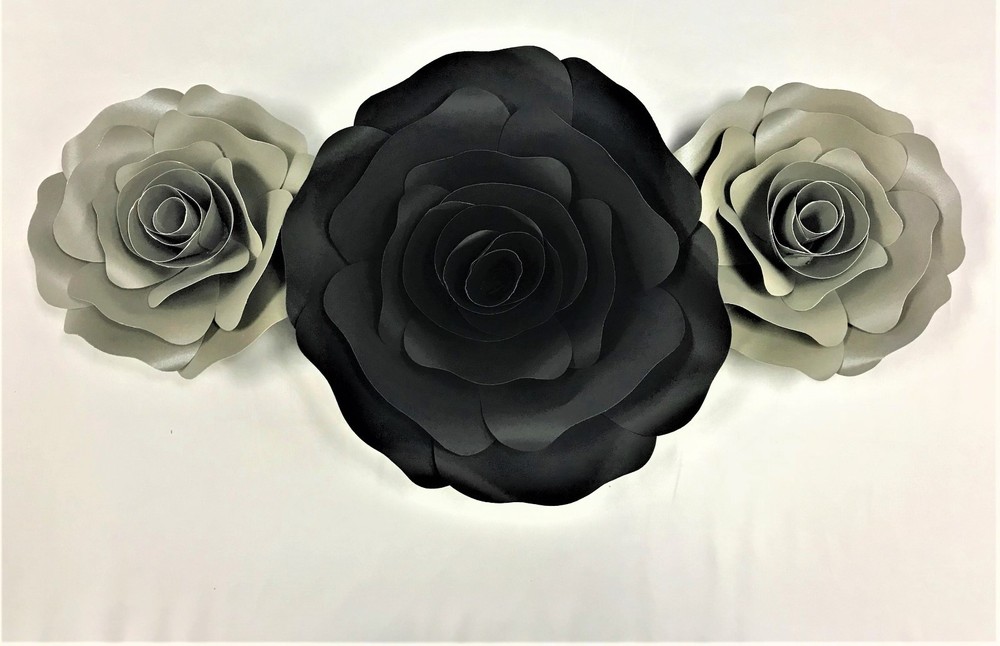 Decor In The Box 3 piece Handmade Paper Flower Set, Fully Assembled-Black/Silver