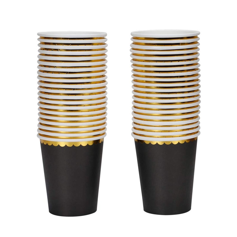 Geeklife Black Party Paper Cups with Gold Border,Disposable Gold Foil Paper C…