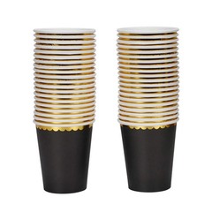 Geeklife Black Party Paper Cups with Gold Border,Disposable Gold Foil Paper C…