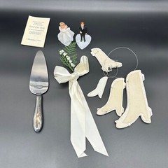 Vintage Wedding Decor 1970s Cake Topper Bride Groom Knife Server Paper Bells