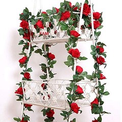 4PCS(28.8 FT,16 Flowers) Artificial Flower Garland with White Rose, Fake Red