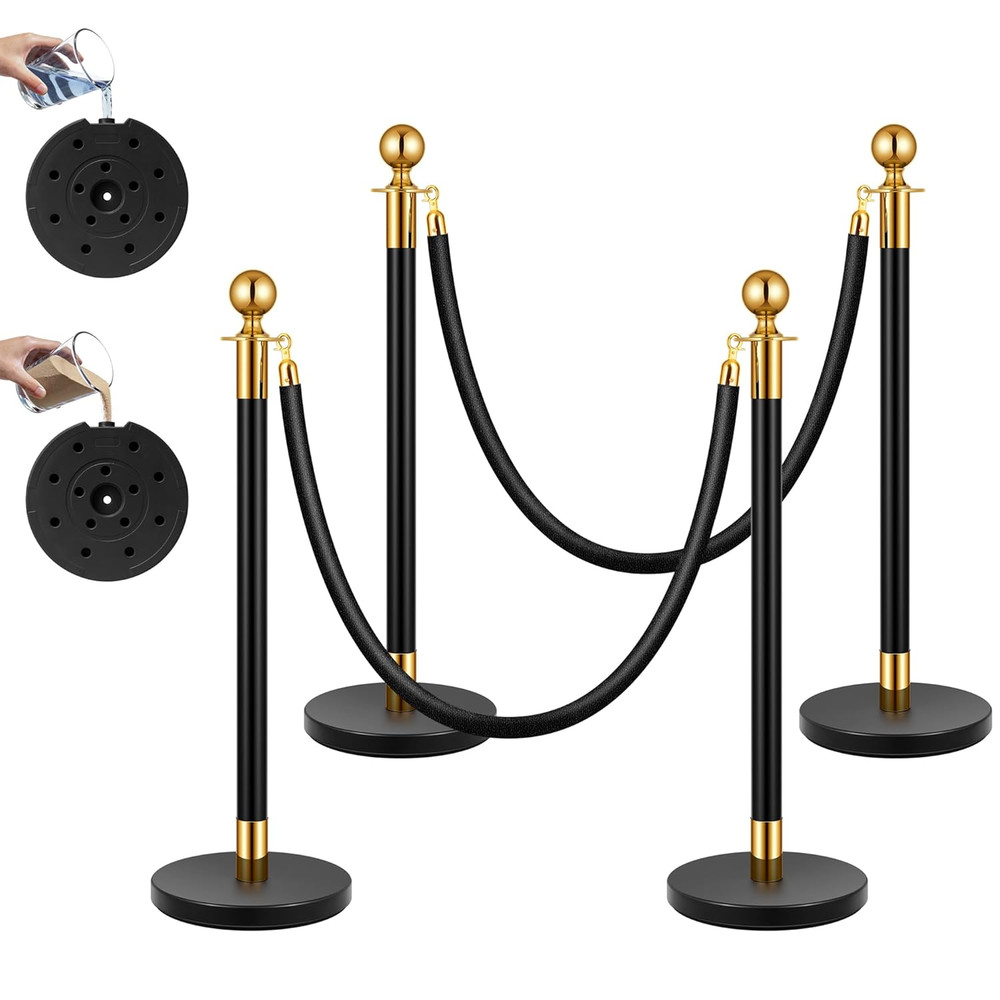 4PCS Stanchions with Velvet Ropes, Water-Fillable Base, 5ft Crowd Control Poles
