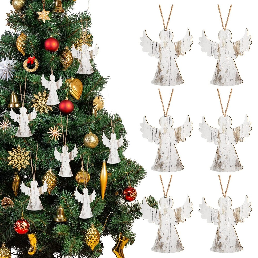 Christmas Wooden Angel Ornaments – White Rustic Tree Decorations With Hanging…