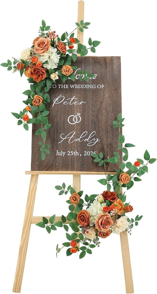 2Pc Burnt Orange Wedding Welcome Sign Floral Swag Garland Flowers