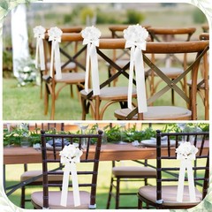 24 Set Wedding Aisle Decorations – Ribbon Bows & White Hydrangea Chair Decor for