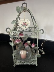 Wedding Lantern Patina Metal Cage Candle Holder w/Roses Shabby Chic Cottage