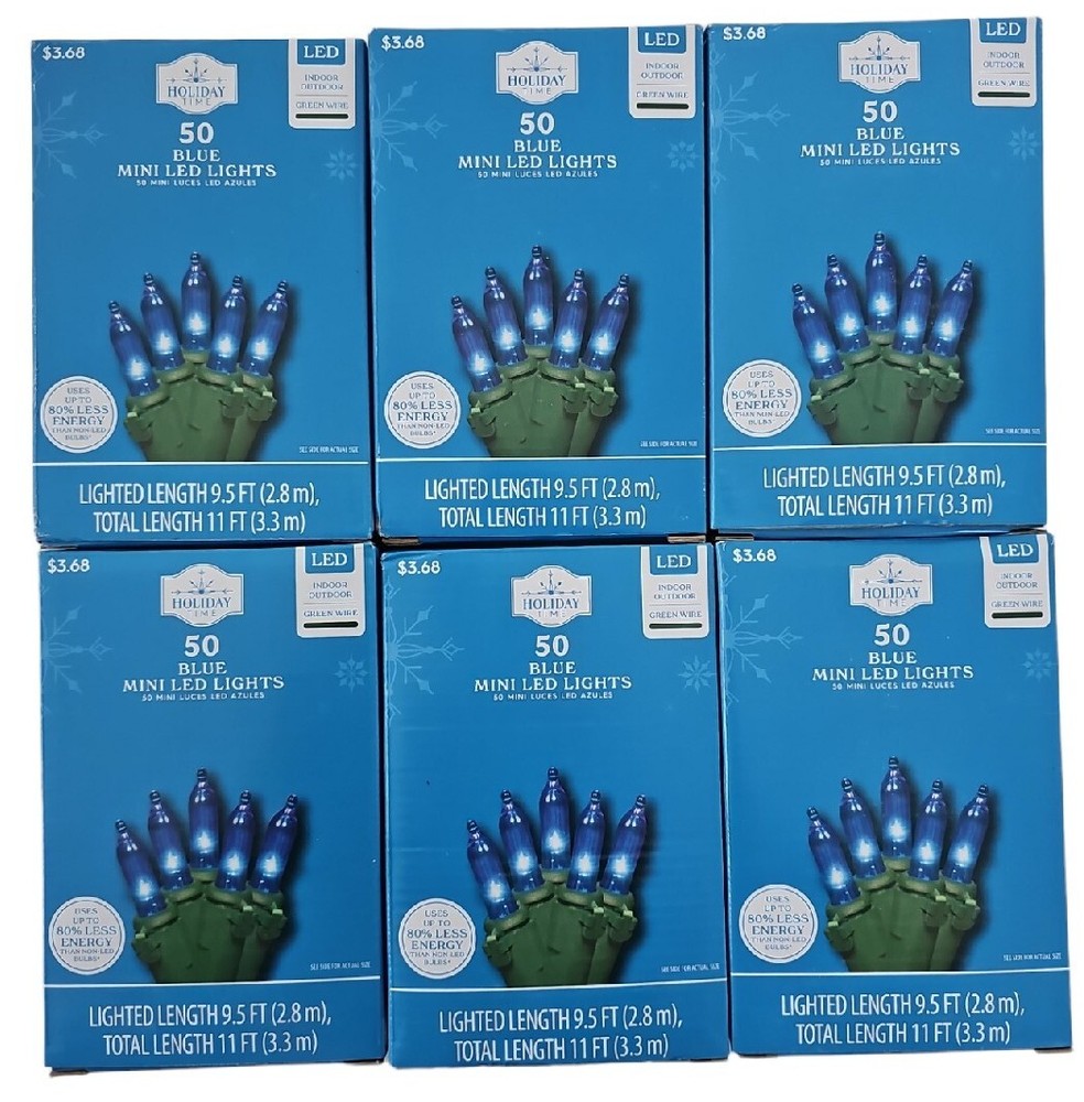 Holiday Time 50 LED Blue Mini Lights. Save Energy Green Wire. Lot Of 6