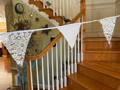 10M/32Ft White Pennant Banner, Fabric & Lace Triangle Flag Cotton Bunting Garla