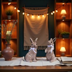 Rattan Effect Resin Easter Bunny Figurines Decor 2 PCS Wicker Looking Rabbit …