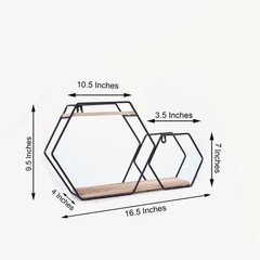 2 Tier Black Natural Hexagon Metal Wood Geometric Floating Shelf Decorations