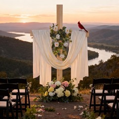 71″ Wedding Wood Cross with White Ribbons & Eucalyptus Garland