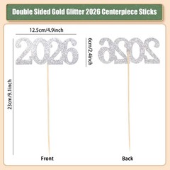 12 Pieces Glitter 2026 Centerpiece Sticks Silver Double Sided 2026 Graduation…