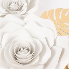 9 WHITE 3D Rose Paper Flowers with Gold Monstera Leaves Wedding Decorations