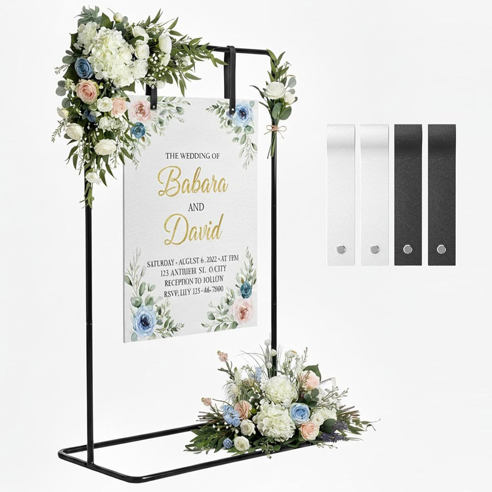 Wedding Welcome Sign Stand, Black Easel | Leather Sign Hanging Straps, Linen Sig