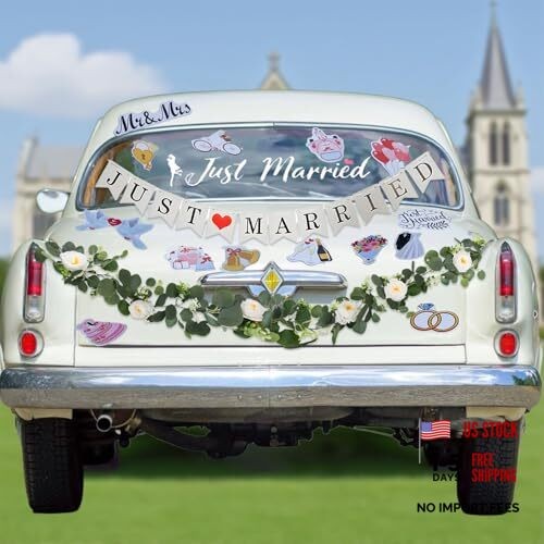 17 Pcs Just Married Car Decorations Set with 14 Wedding Car Magnets