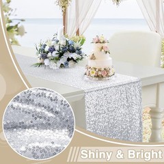 RUDONG M 1 Pack Silver Sequin Table Runner 12 x 108 Inch, Rectangle Glitter