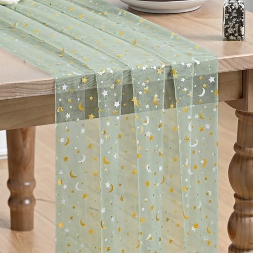 Gauze Stars Moon Table Runner 10FT, Glitter Metallic 28″ x 120″ Sage Green