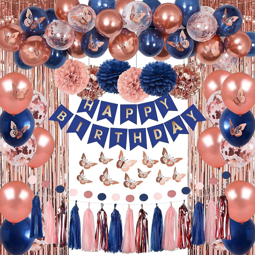 Rose Gold and Navy Blue Birthday Party Decorations with Happy Birthday Banner…