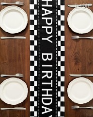 Happy Birthday Table Runner Black and White Checkerboard Birthday Party Decor…