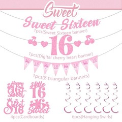 Glitter Pink16th Birthday Banner – Pre-Strung Cherry Sweet Heart Birthday Dec…