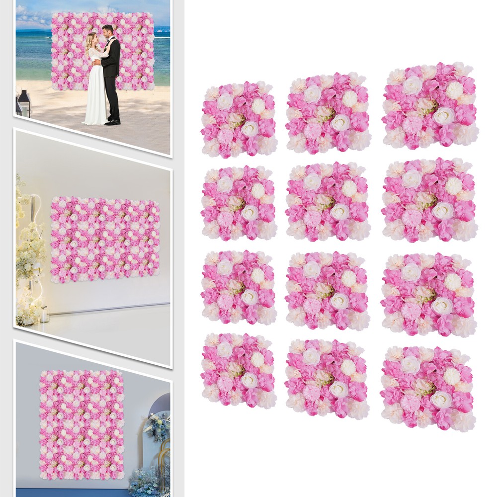 12 PCS Artificial 3D Flower Wall Panel Wedding Backdrop Wall Decor Pink 15*15 In