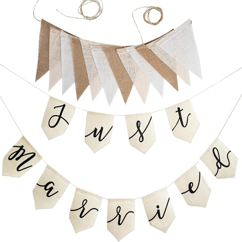 Just Married Banner Burlap Vintage Rustic Cream White NEW