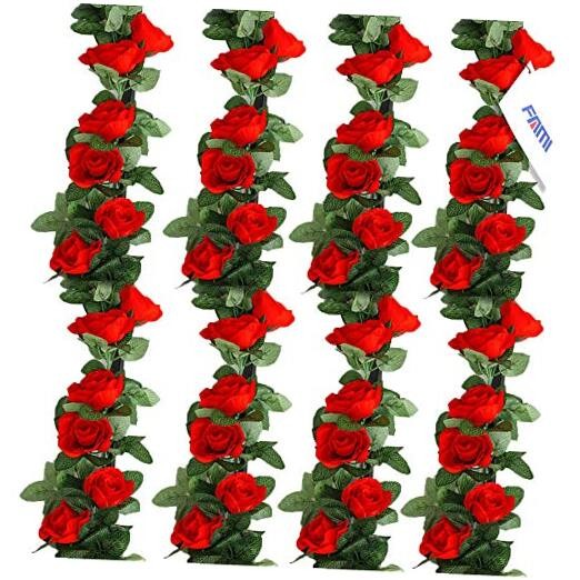 4PCS(28.8 FT,16 Flowers) Artificial Flower Garland with White Rose, Fake Red