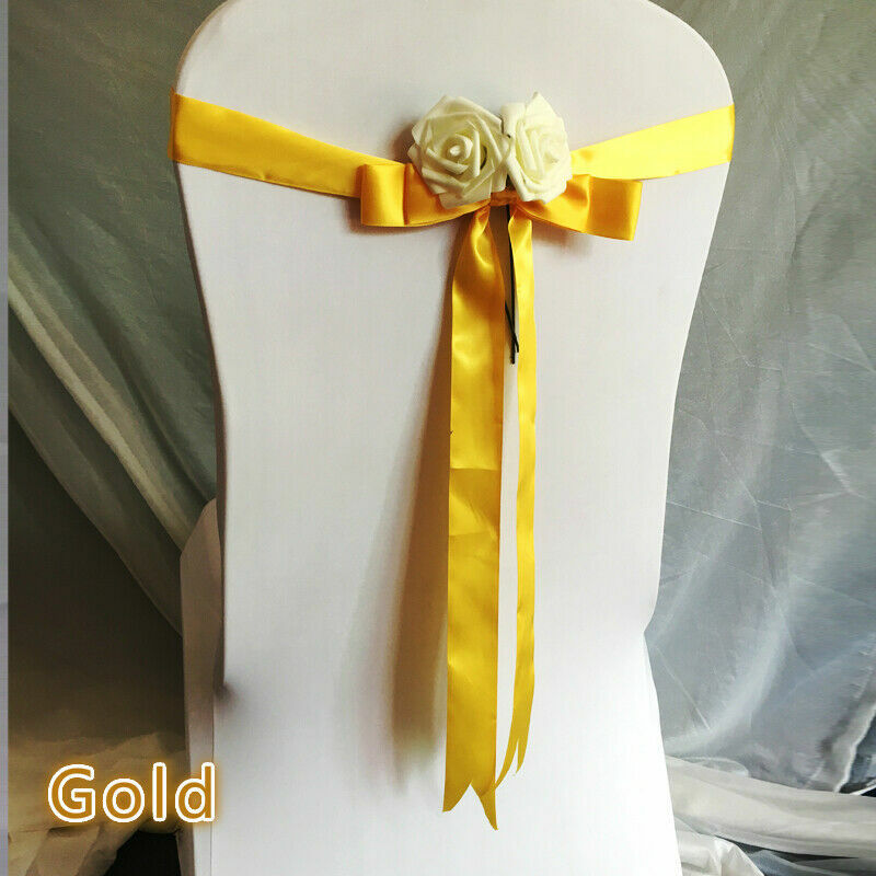 4 X Floral Chair Ribbon Sash Cover Adjustable Ribbon Satin Bow Wedding Party