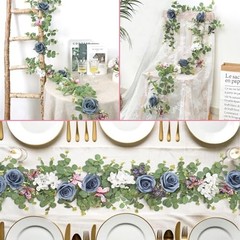 2Pcs 5.9 Ft Artificial Rose Vine Fake Flower Garland Rose Hydrangea 2PCS Blue
