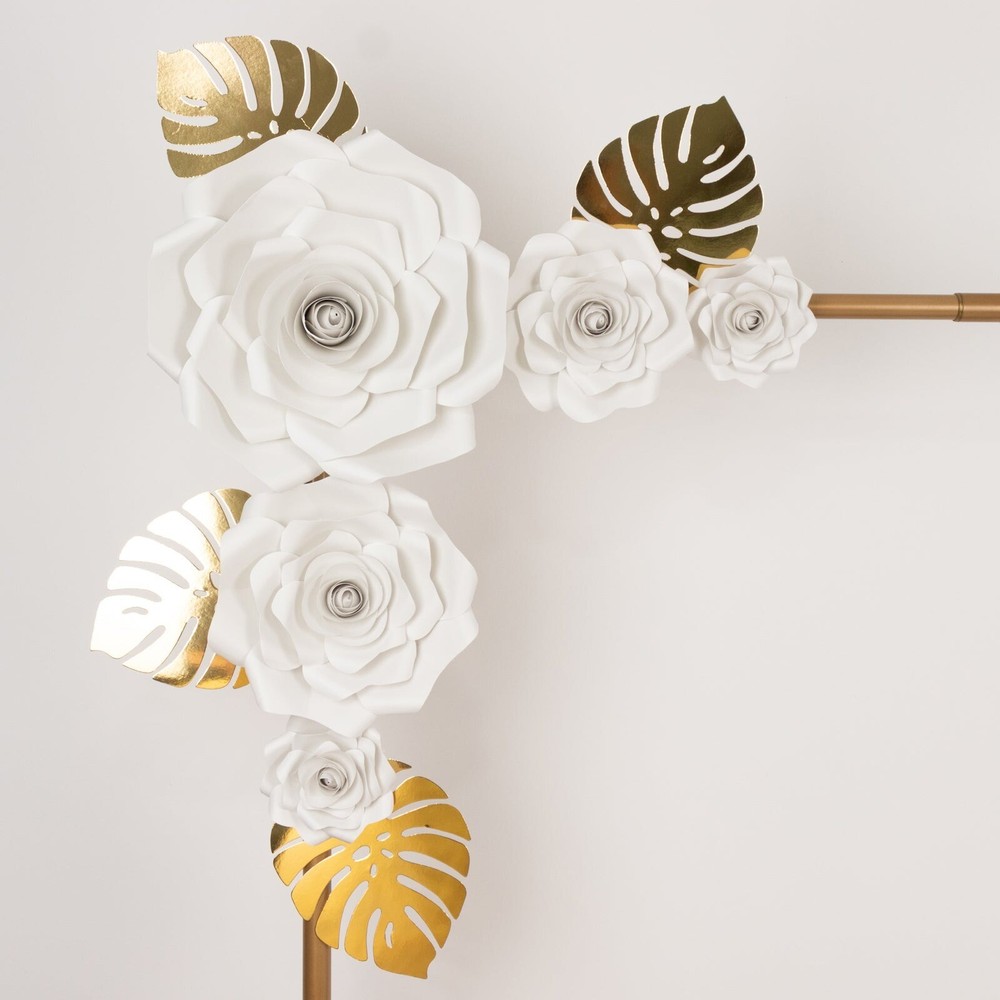 9 WHITE 3D Rose Paper Flowers with Gold Monstera Leaves Wedding Decorations
