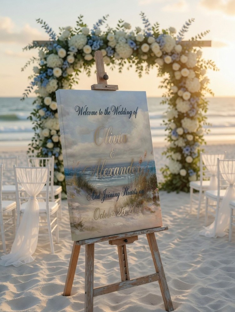 Beach Wedding Welcome Sign, Coastal Oceanside Landscape Canvas, Tropical