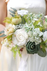 Artificial Bridal Bouquet Silk Foam 11 Inch White Green Rose Eucalyptus Wedding