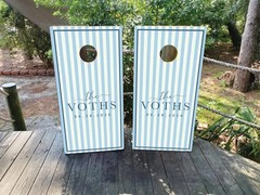 Custom Wedding Cornhole Wraps or Boards – Dusty Blue Stripe Design