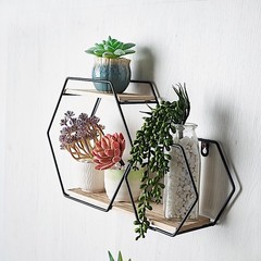 2 Tier Black Natural Hexagon Metal Wood Geometric Floating Shelf Decorations