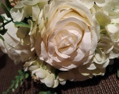 Ivory White Bouquet-5 Cabbage Roses, Hydrangea, Small Accent Berries, Greenery